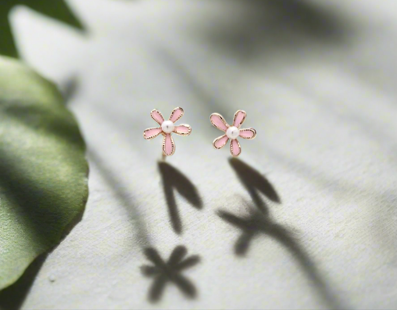 Pink Flower and Pearl Mini Stud Earrings