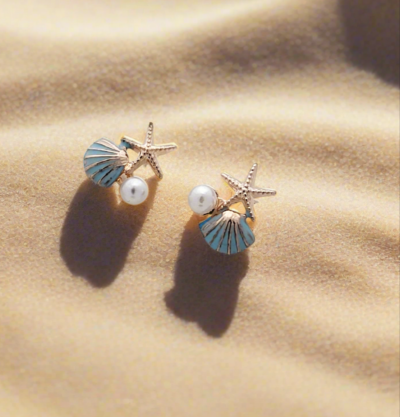 Seashell, Starfish, and Pearl Mini Stud Earrings.