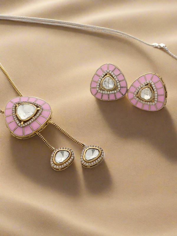 Pink enamel Lariat necklace & earring set