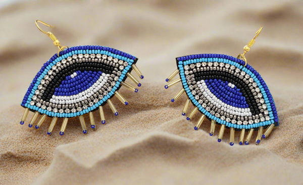 Evil Eye Beaded Dangle Earrings with Gold Spikes