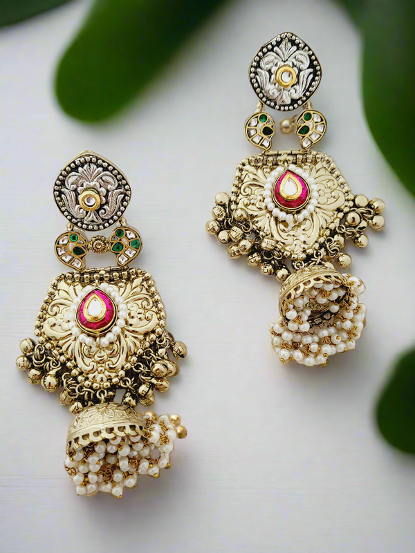 Antique Gold Plated Jhumka Earrings with Enamel and Pearl Drops