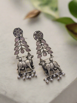 Oxidized cow & leaf dangle  earrings