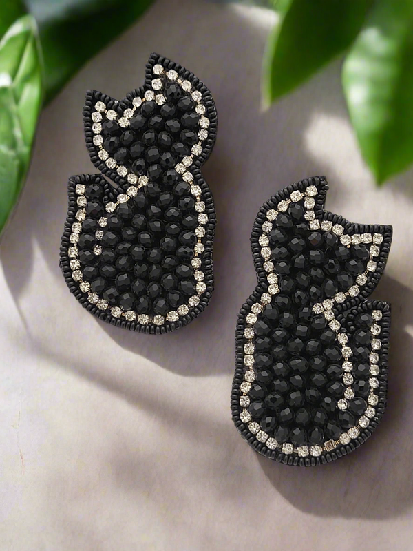 Cat Silhouette Beaded Earrings with Crystal Accents