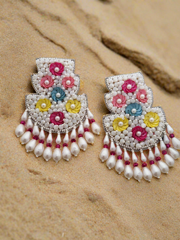 Beaded Chandbali Earrings with Floral Accents and Pearl Drops