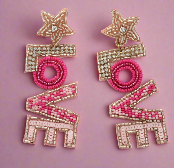 "LOVE" Star Beaded Dangle Earrings.