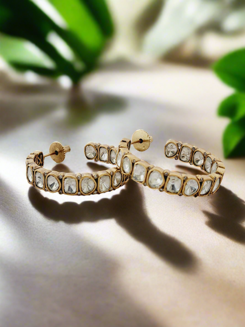 Gold and White Stone Hoop Earrings