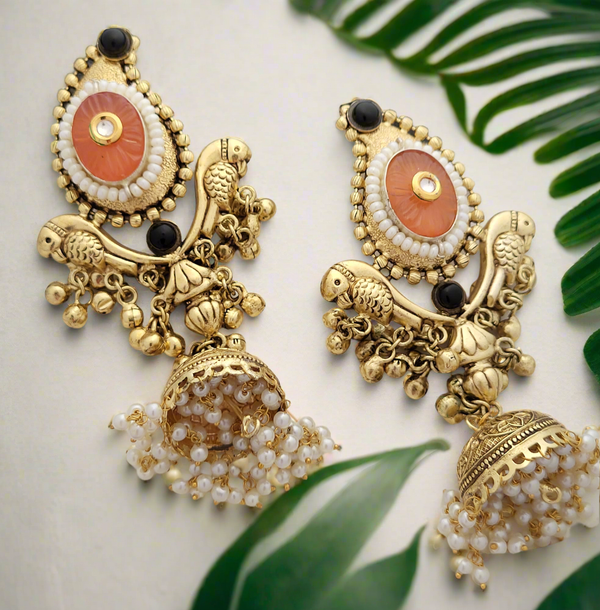 Gold-Toned Parrot Jhumka Earrings.