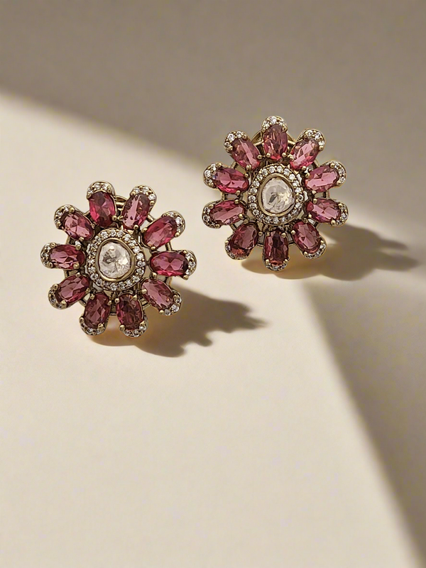 Pink tourmaline studs with Mossonite in antique finish