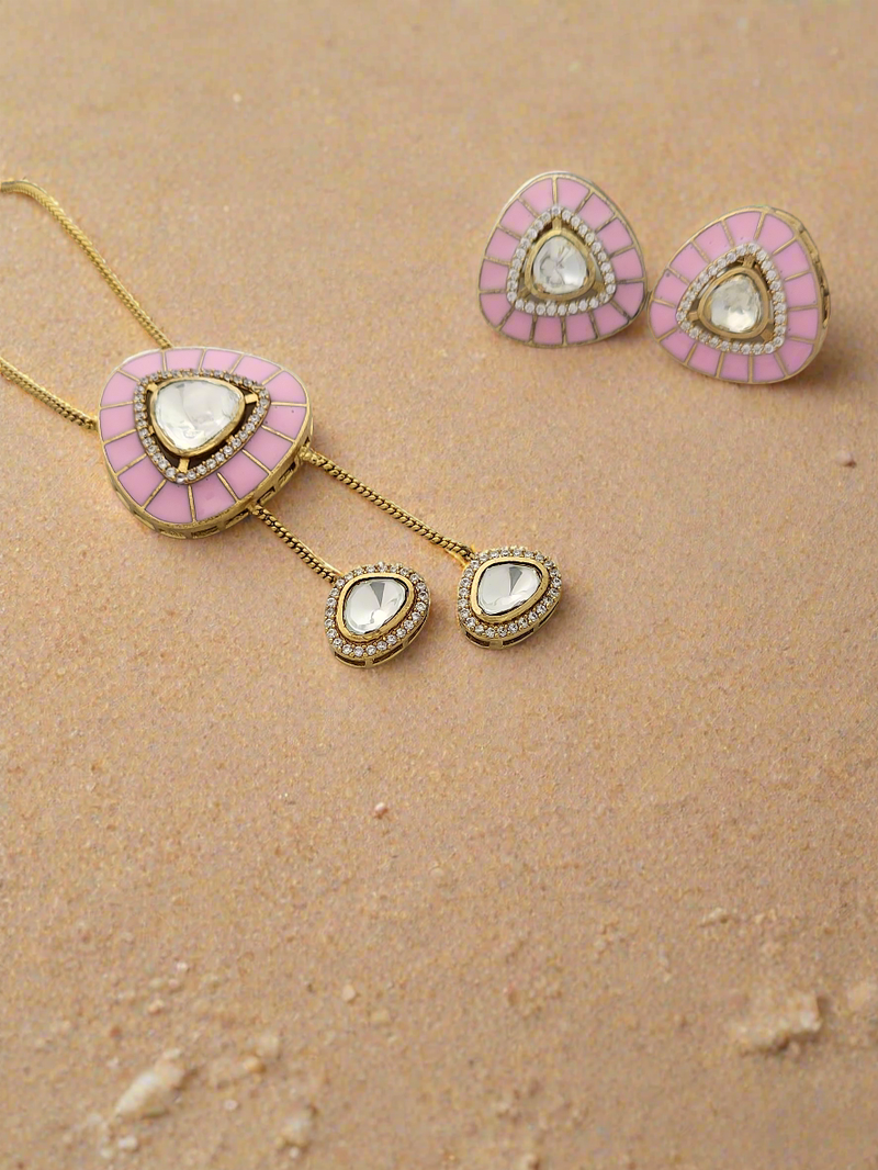 Pink enamel Lariat necklace & earring set