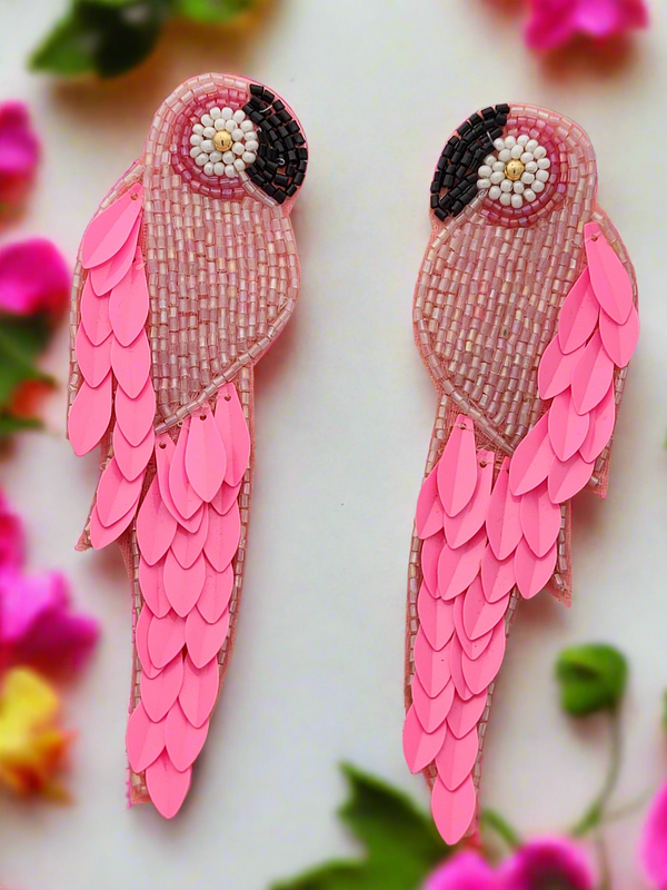 Neon Pink Parrot Beaded and Sequined Earrings