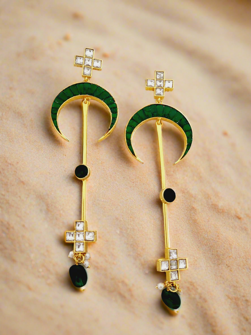 Emerald Crescent & Crystal Drop Earrings