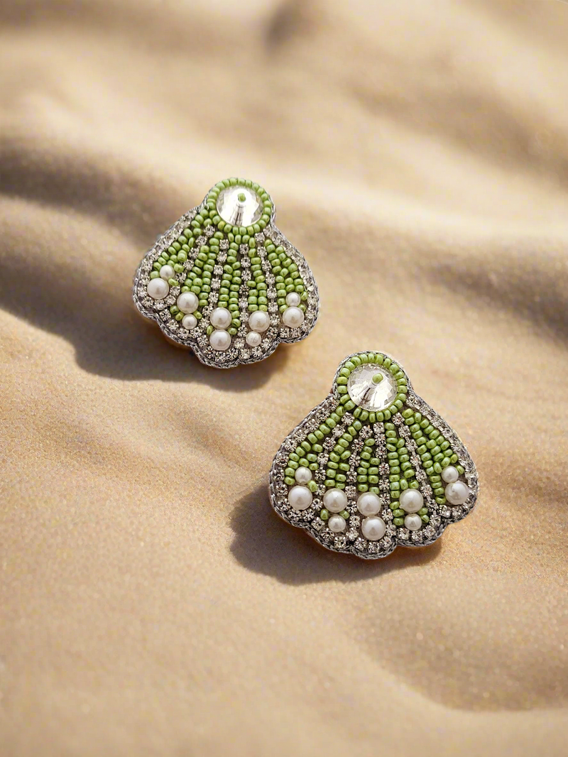 Seashell Beaded Stud Earrings with Pearls and Crystal Accents