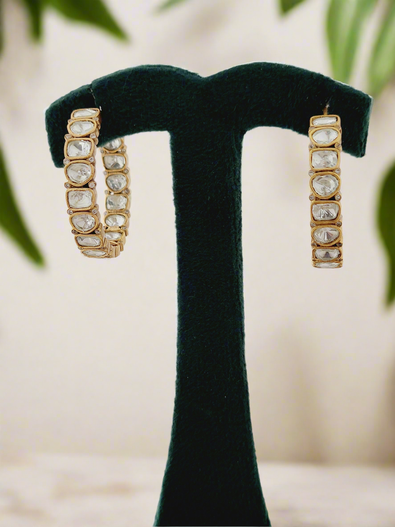 Gold and White Stone Hoop Earrings