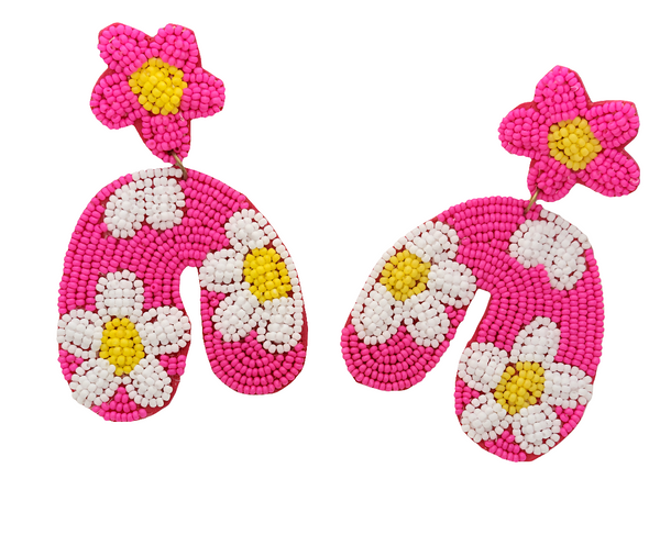 Neon Pink Floral Beaded Dangle Earrings