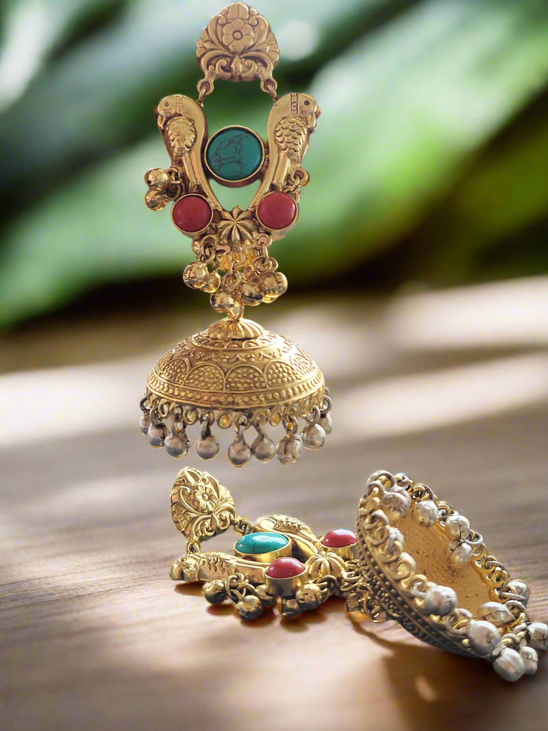 Gold-Toned Parrot Jhumka Earrings.