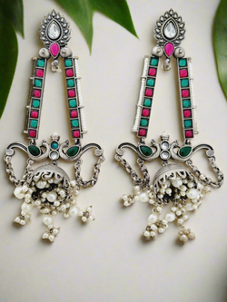 Oxidized Silver Jhumka Earrings with Enamel and Pearl Drops