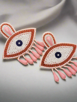 Pastel Pink Evil Eye Beaded Dangle Earrings