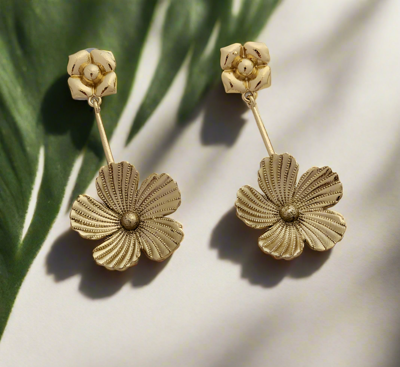 Textured Gold flower drop earrings