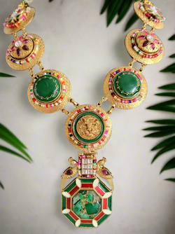 ANTIQUE GOLD PLATED CONTEMPORARY  SET WITH GREEN AND RED ENAMEL