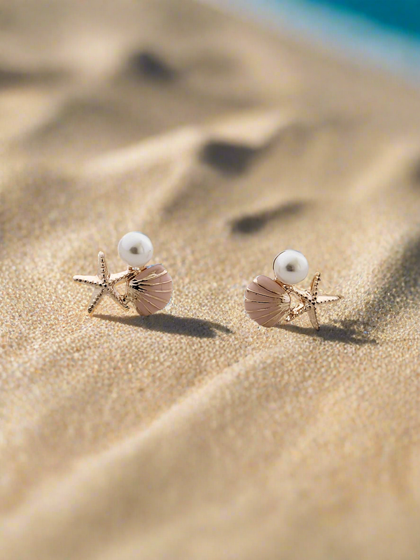 Seashell, Starfish, and Pearl Mini Stud Earrings.