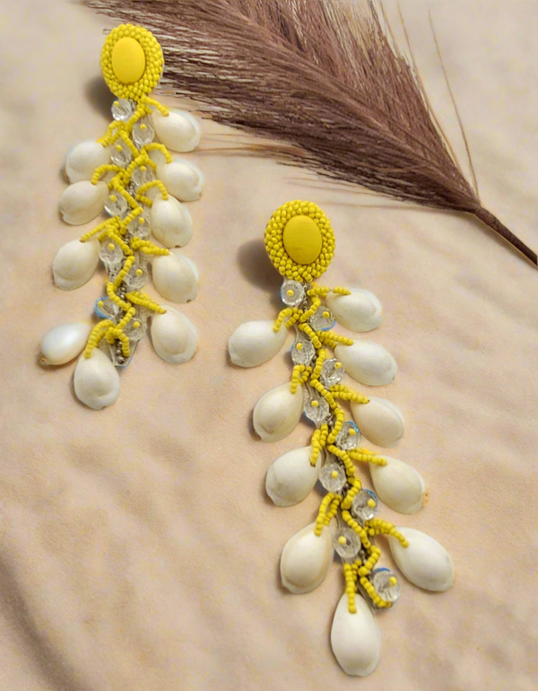 Cowrie Shell and Yellow Beaded Dangle Earrings with Crystal Accents