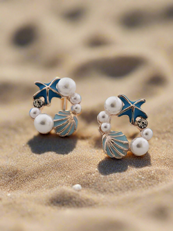 Seashell and Starfish Circle Stud Earrings