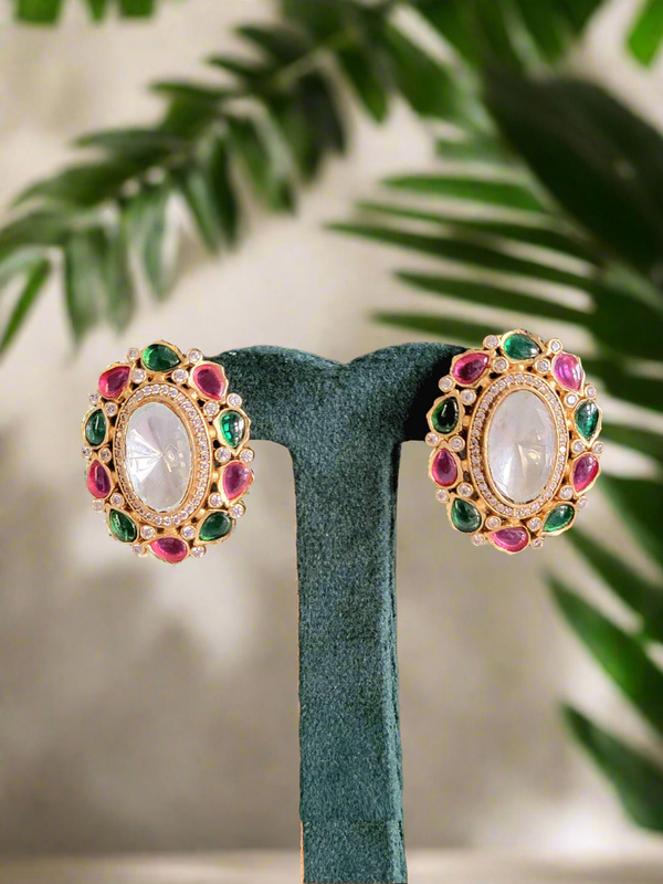 MOISSANITE KUNDAN CRYSTAL GREEN & RED OVAL STUDS