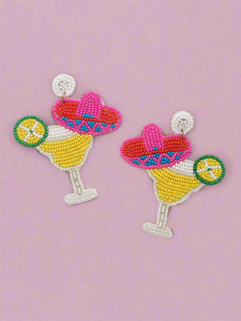 Margarita Glass with Sombrero Beaded Earrings