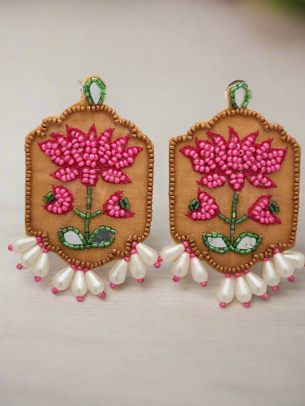 Lotus Motif Embroidery Earrings with Pearl Drops