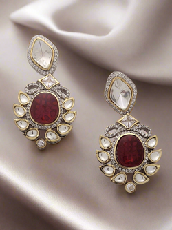 ANTIQUE GOLD PLATED WITH RED CRYSTAL STUDDED DROP EARRINGS