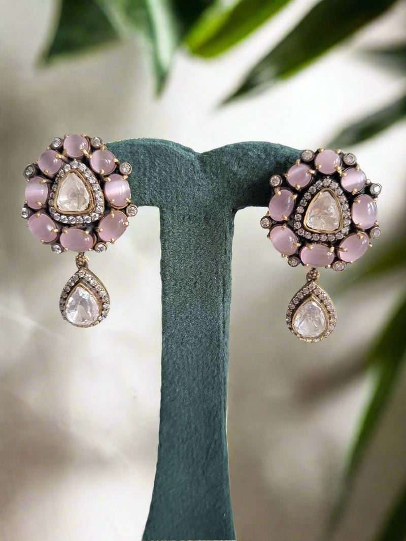 Blush Pink Stone and Polki Accent Drop Earrings