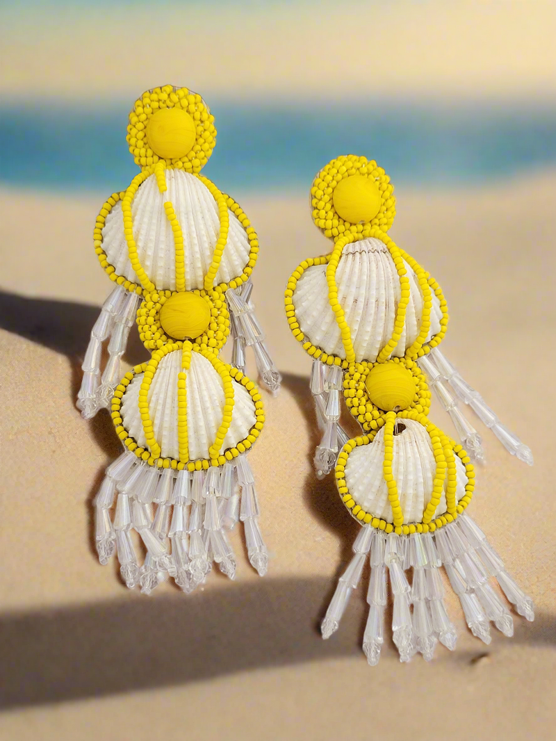 Seashell and  Beaded Dangle Earrings with Crystal Drops