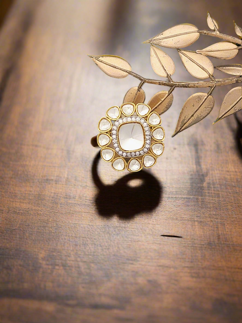 REGAL MOISSANITE & KUNDAN CRYSTAL RING AND STUD COMBO