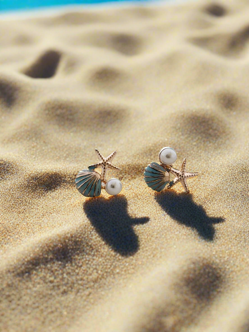 Seashell, Starfish, and Pearl Mini Stud Earrings.