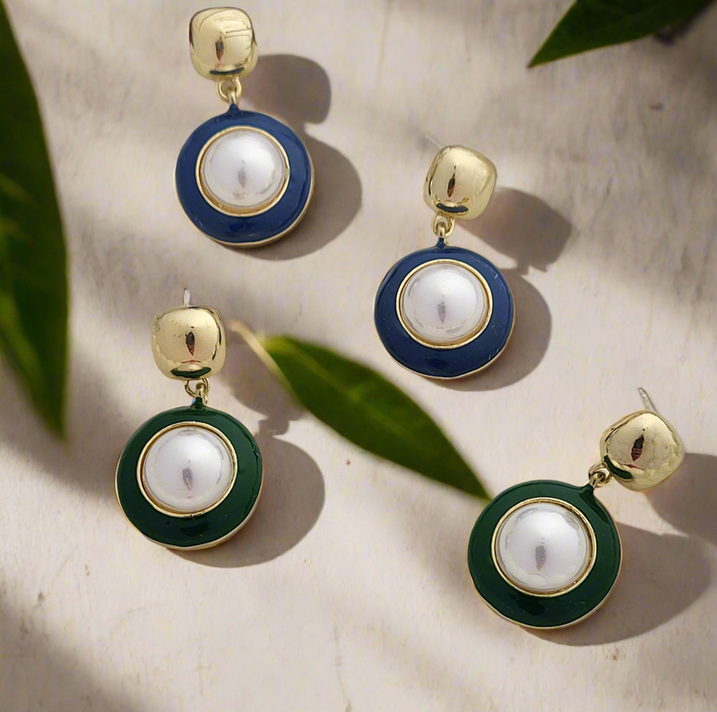 Enameled pearl drop earrings