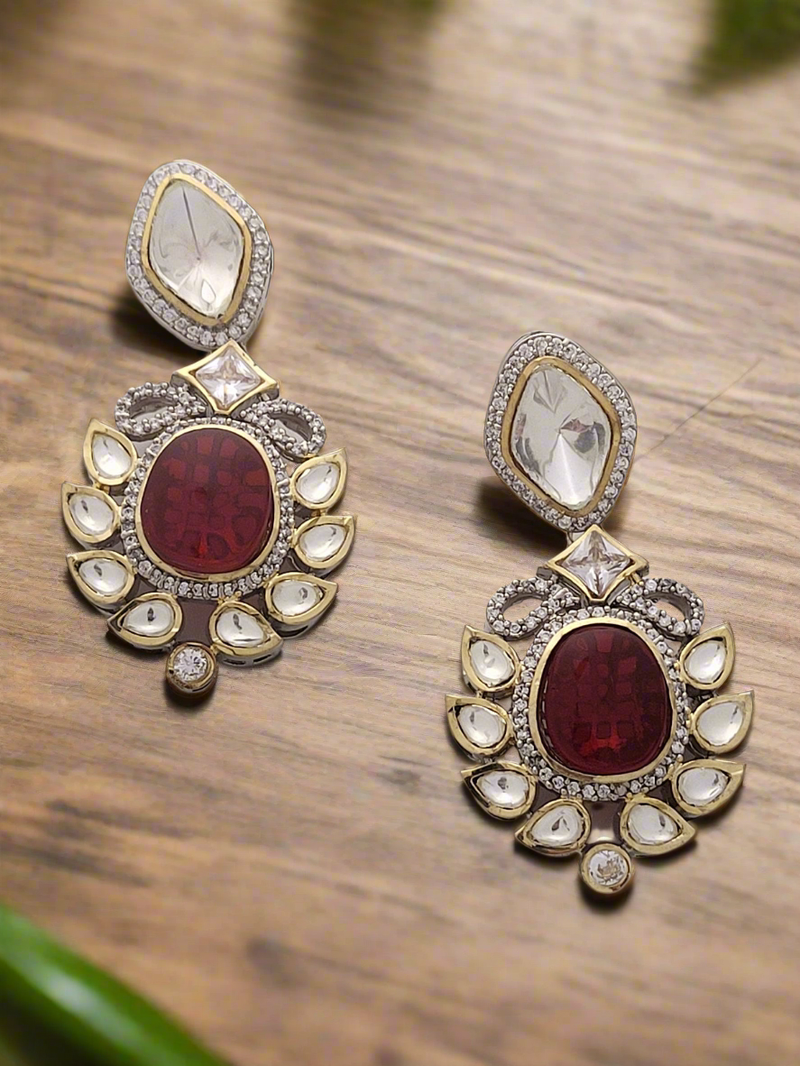 ANTIQUE GOLD PLATED WITH RED CRYSTAL STUDDED DROP EARRINGS