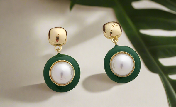 Enameled pearl drop earrings