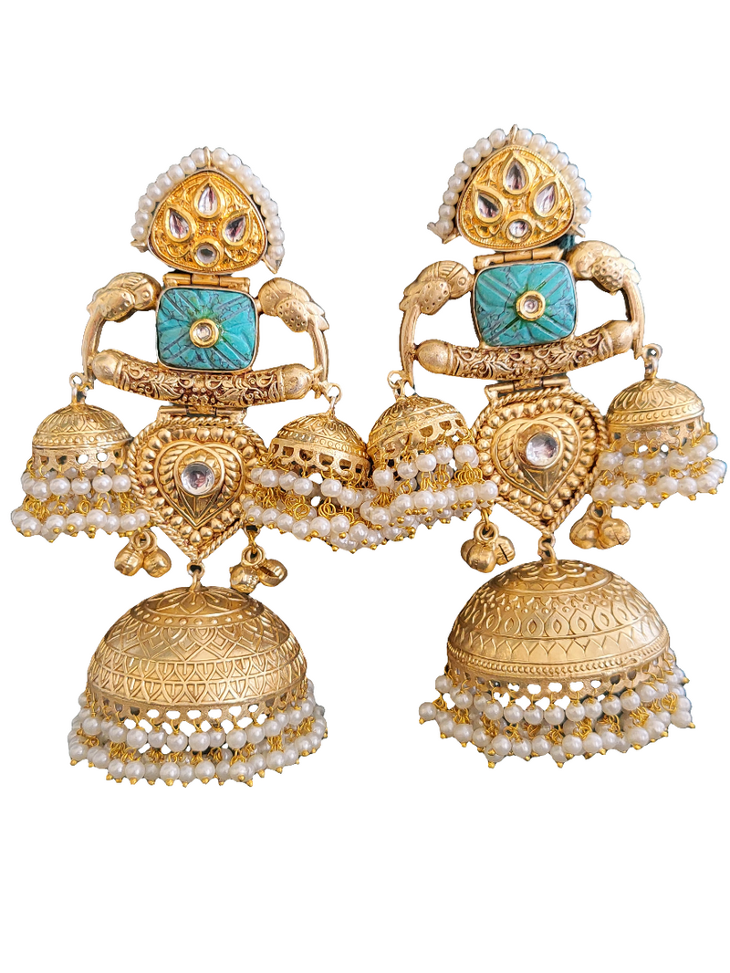 Gold-Toned Big Dome Jhumka Earrings with Turquoise Accents and Pearl Drops.