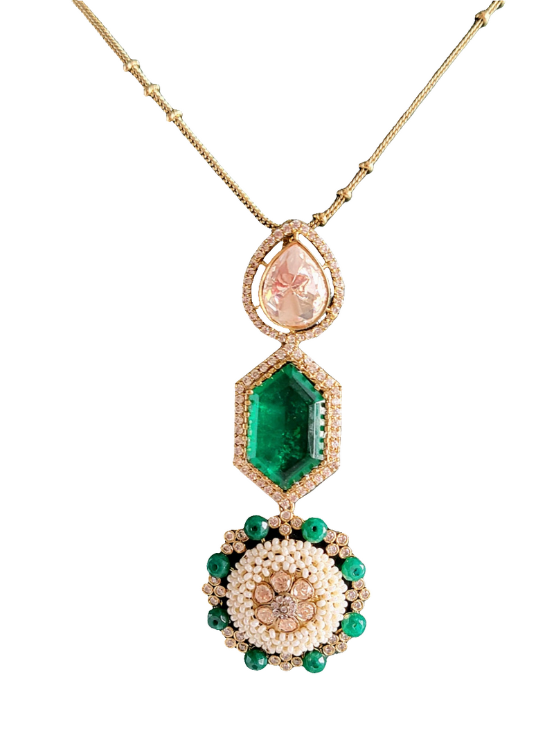 ELEGANT LARIET WITH PEARLS , MOISSANITE & GREEN CRYSTAL