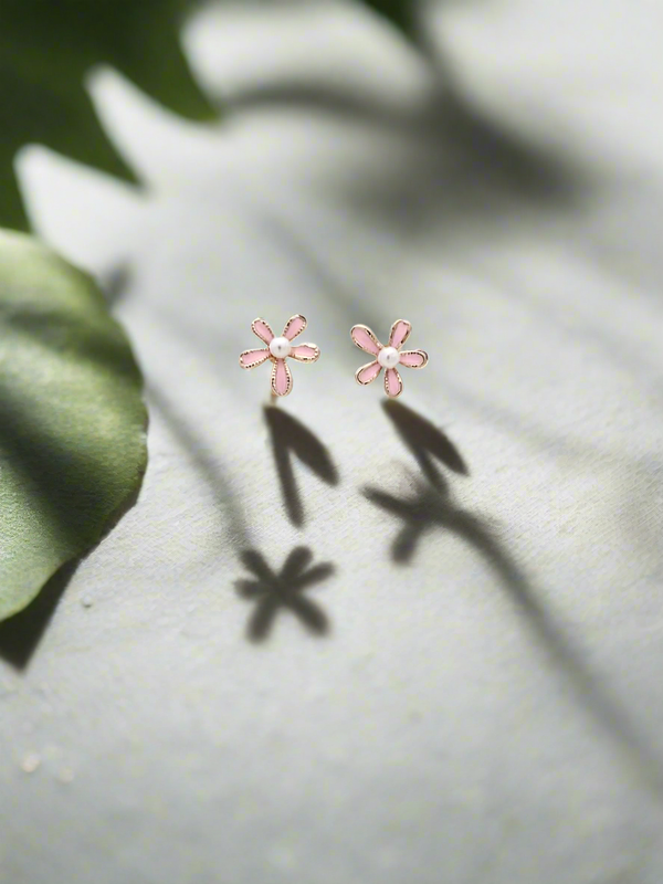 Pink Flower and Pearl Mini Stud Earrings