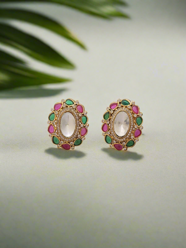 MOISSANITE KUNDAN CRYSTAL GREEN & RED OVAL STUDS