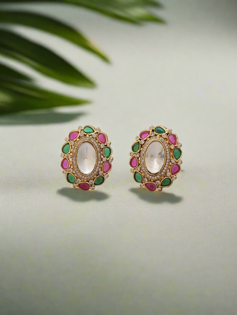 MOISSANITE KUNDAN CRYSTAL GREEN & RED OVAL STUDS