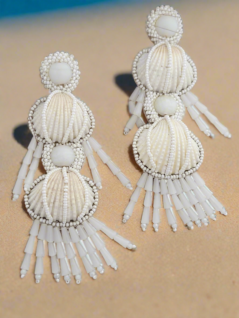 Seashell and  Beaded Dangle Earrings with Crystal Drops