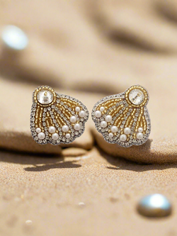 Seashell Beaded Stud Earrings with Pearls and Crystal Accents