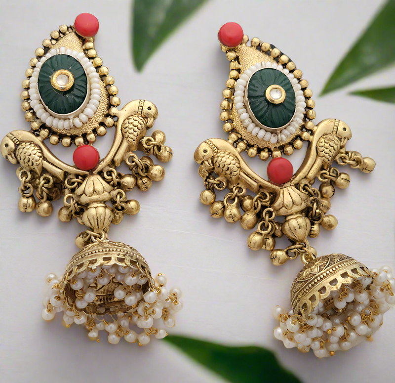 Gold-Toned Parrot Jhumka Earrings.