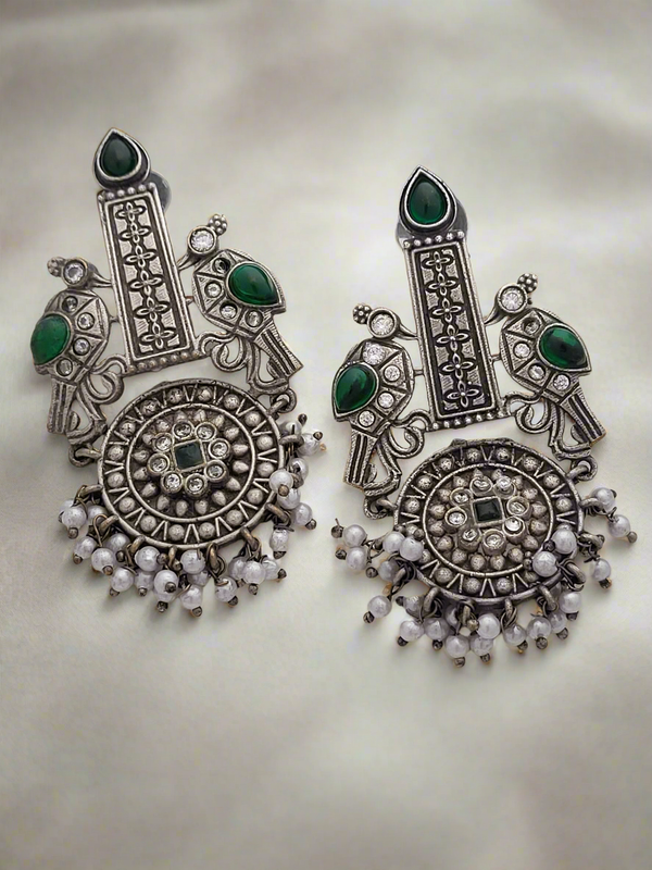 Oxidized Peacock motif long earrings