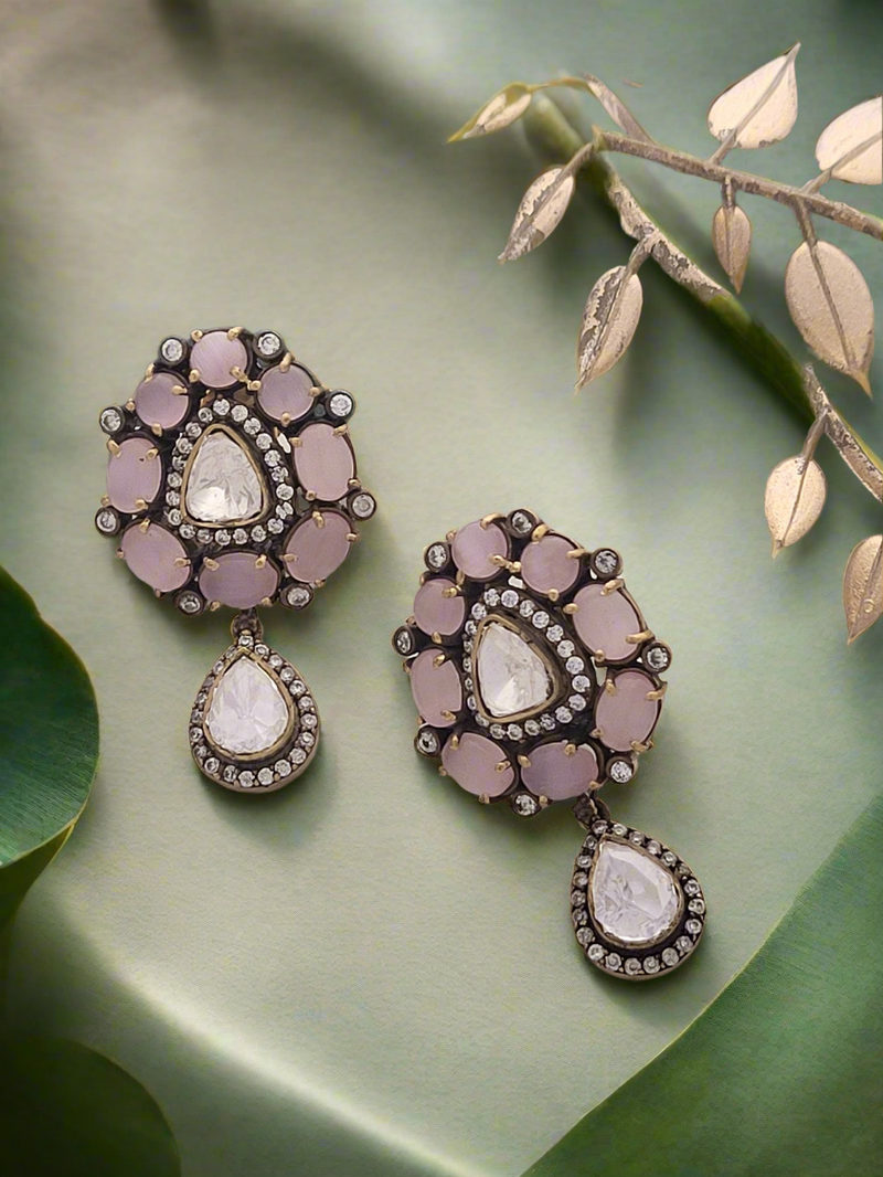 Blush Pink Stone and Polki Accent Drop Earrings