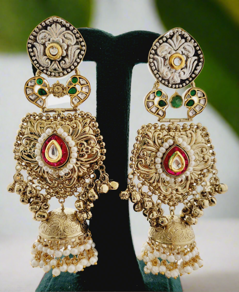 Antique Gold Plated Jhumka Earrings with Enamel and Pearl Drops