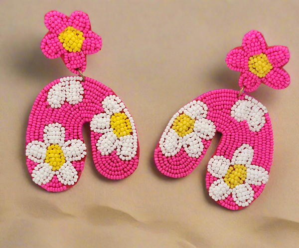 Neon Pink Floral Beaded Dangle Earrings