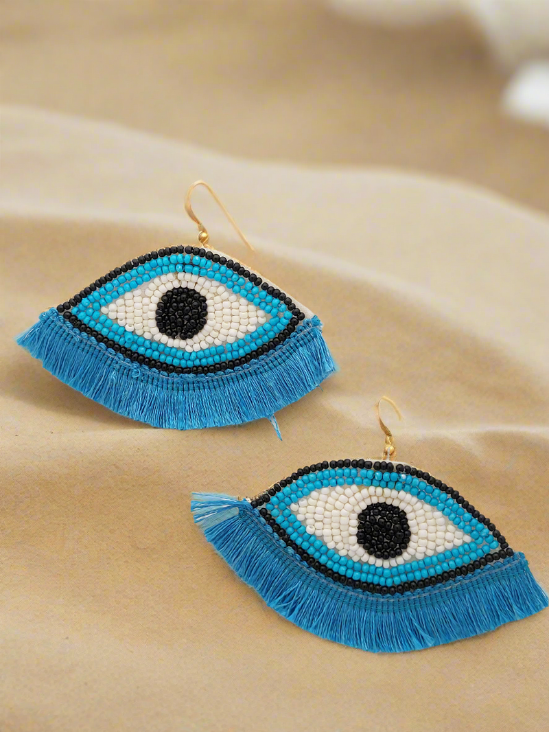 Evil Eye Beaded Dangle Earrings with Blue Fringe